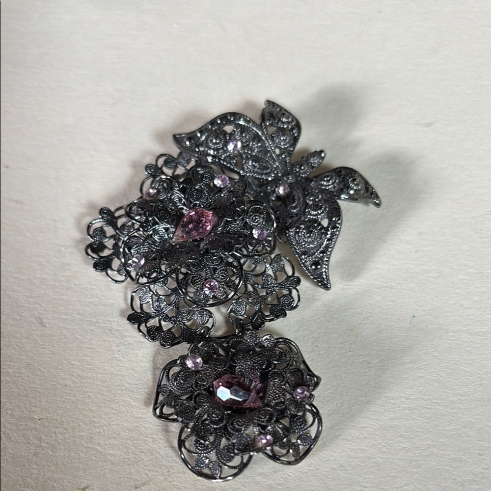 Elegant Butterfly and Floral Silver and Pink Filigree Brooch